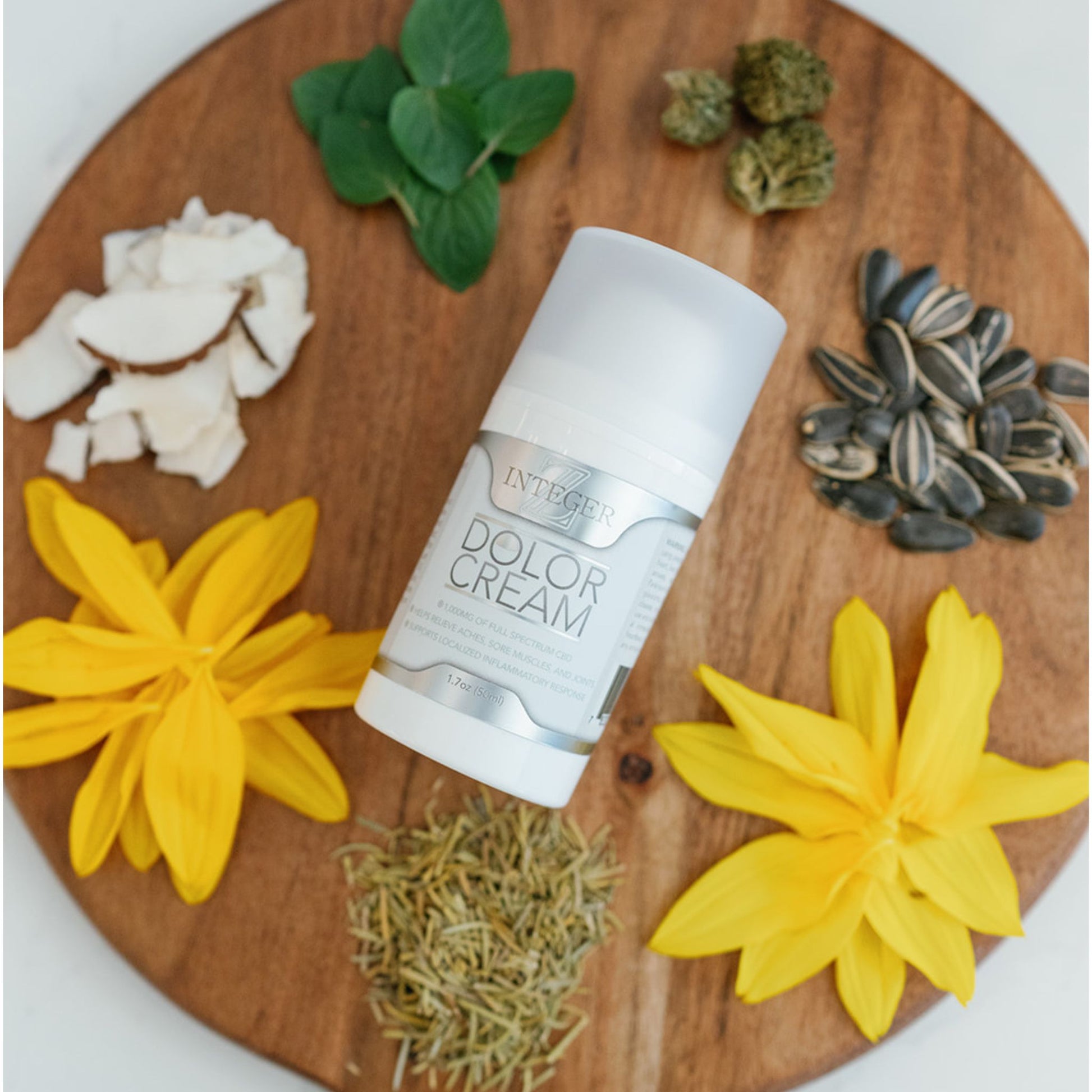 Dolor cream in the middle of  a wooden cutting board that is a cirlce. Around dolor cream is mint leaves, hemp flower, sunflower seeds, arnica flower, rosemary  and coconut chips